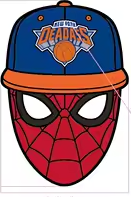 Technical product diagram showing a Spider-Man themed New York Knicks baseball cap mask, with front and back views, dimensions (38.1mm height, 26.